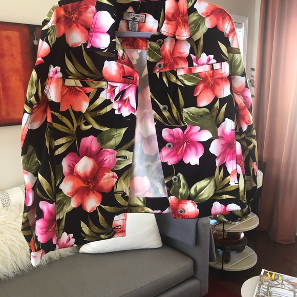 Caribbean Joe Floral Jean Jacket - Black, Pink, Green - Picture 7 of 8